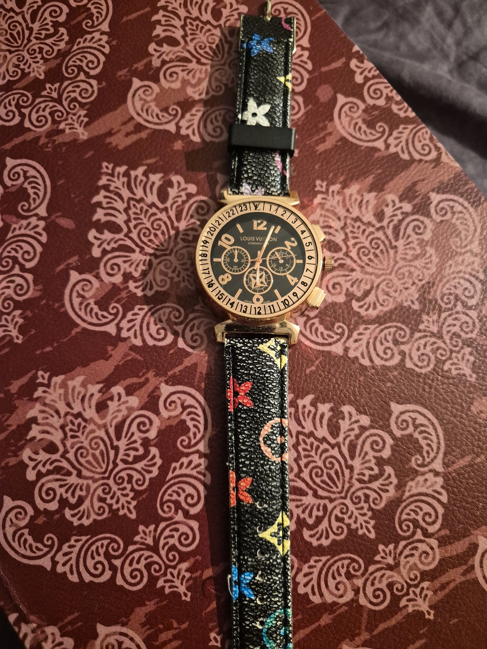 Louis Vuitton Black Watch with Multicolor Monogram Strap and Gold-Tone Case